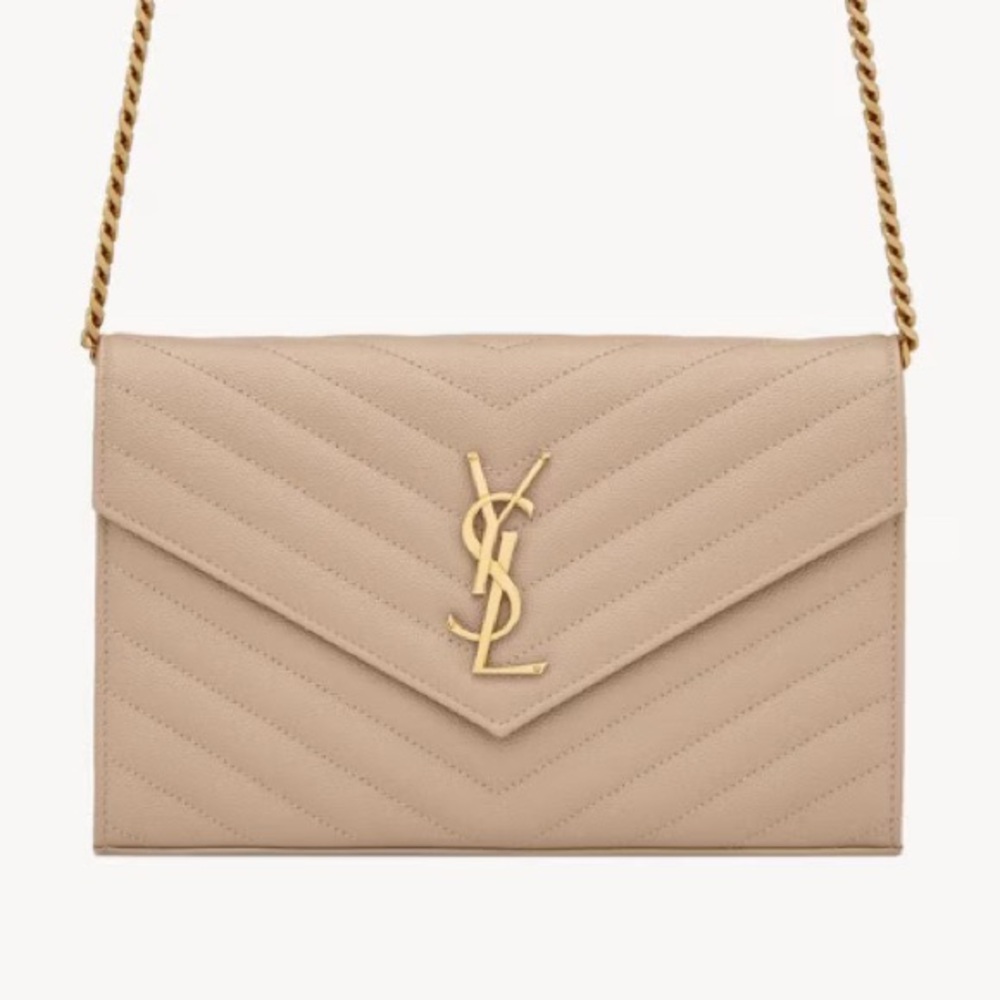 SAINT LAURENT (YSL) CLASSIC CASSANDRE CHAIN WALLET IN GRAIN DE POUDRE DARK BEIGE
